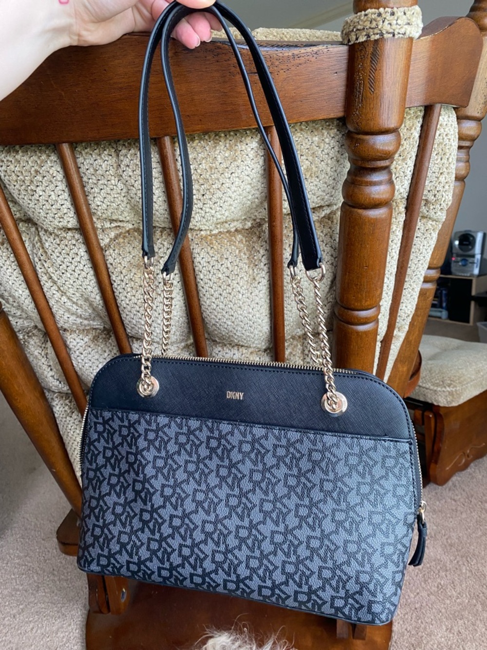 DKNY Black & Gray Logo Dome Shoulder Bag with Gold Hardware